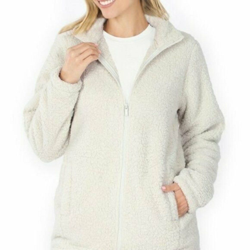 Zenana Outerwear Soft Sherpa Zip Front Pockets Fleece Style Bone White Jacket SM
